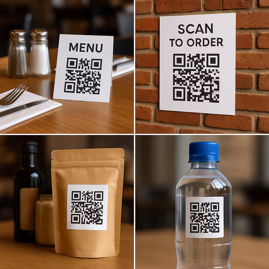 Différents QR codes sur des tables de restaurant, affiches et emballages de produits