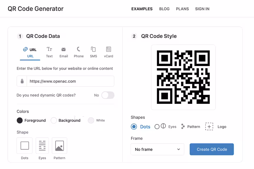 Capture d'écran de l'interface de générateur de QR code montrant les options pour créer des QR codes personnalisés