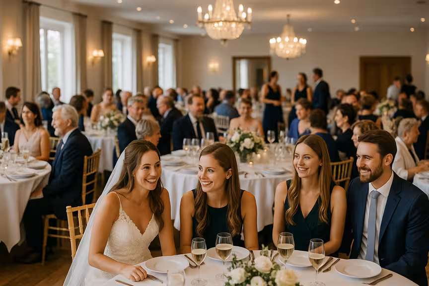 Invités de mariage à table scannant un QR code sur le centre de table pour télécharger des photos