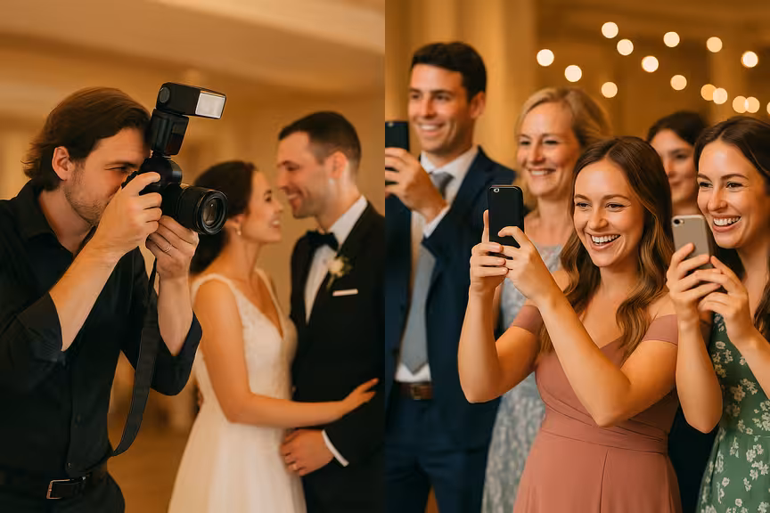 Image divisée montrant un photographe professionnel de mariage à gauche capturant des poses, et des invités de mariage à droite prenant des photos spontanées avec leurs téléphones